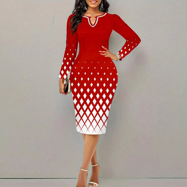 Women's Dress Contrast Color Geometric Print Slim Sheath High Waist Long Sleeve V Neck Formal Commuting Style Knee Length Dress