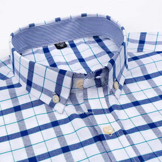 100% Pure Cotton Men's Oxford Short Sleeve Square Collar Soild Plaid Striped Summer Casual Shirts Single Pocket  Shirt