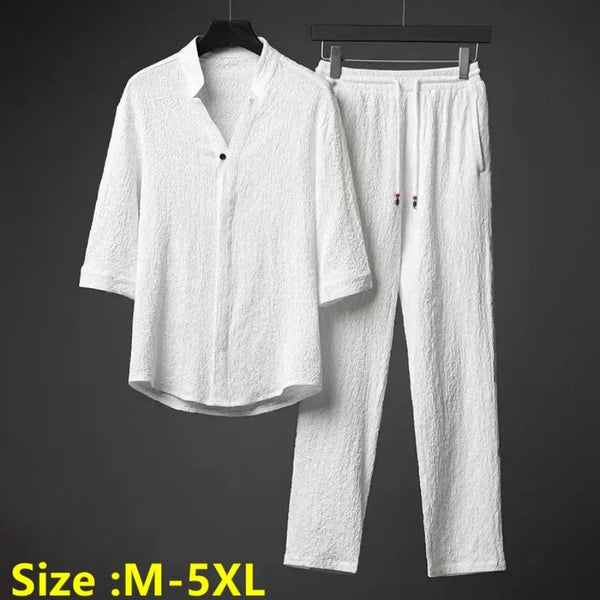 Men's Two Piece Pant Sets Spring Summer Short Sleeve Shirt And Pants Outfits For Men Solid Cotton Linen Clothing Sets