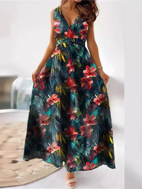 New Summer Women Dress Printed Backless Spaghetti Strap Dresses Fashion V Neck Sleeveless