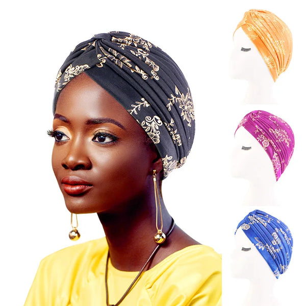 Head Wraps Gold ruffle Top Knotted turban Hat/ Headscarf stretchy headband