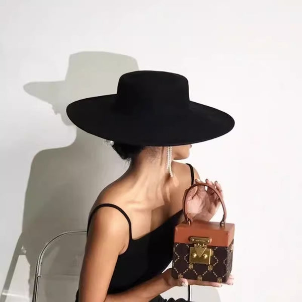 Flat Top Woolen Hat Big Brim Fedora Hat Hepburn Style