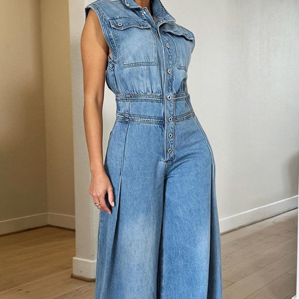 Women Leisure Washed-out Sleeveless Denim Wide-leg Jumpsuit