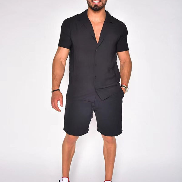 Men's 2-Piece Cotton Solid Color Short Sleeve Shorts Set