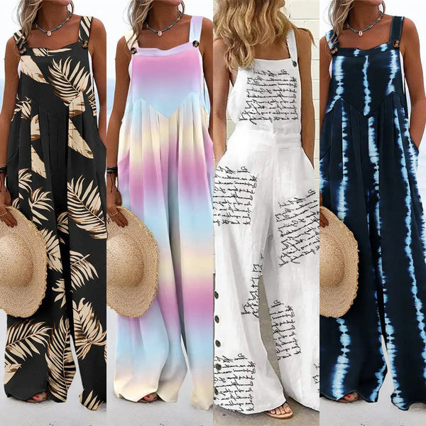 Print Sleeveless Loose Casual Sling Jumpsuit Wide Leg Pants