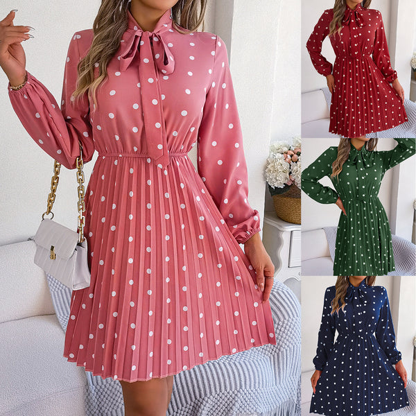 Women's Polka-dot Self-tie Waist-controlled Long Sleeves Pleated Skirt