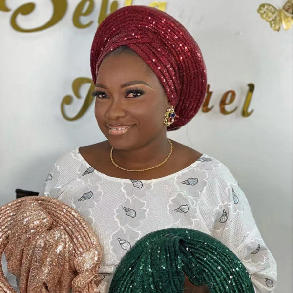 New Sequin Laminated Heavy Industry African Wedding Headscarf Toque