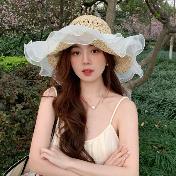 Elegant Pearl Mesh Big Brim Straw Hat Seaside Vacation